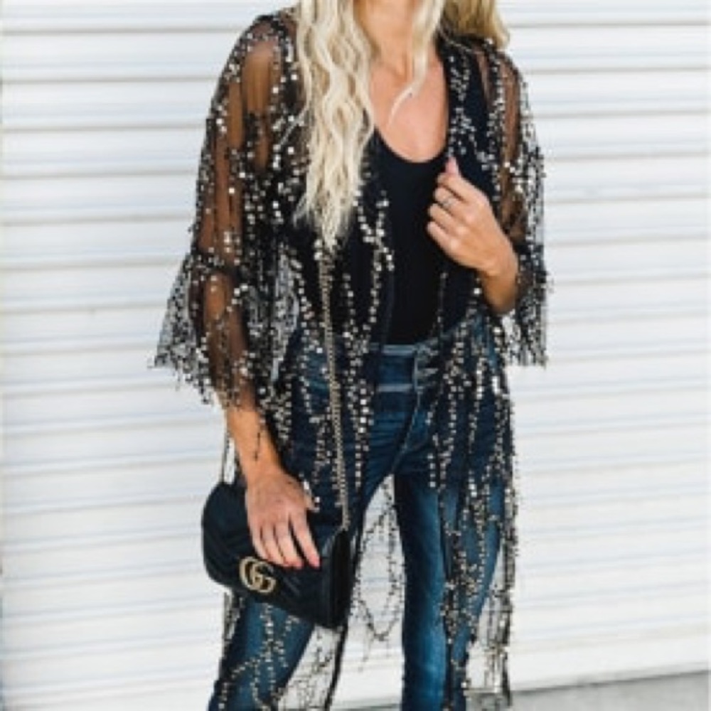 Sequin Sheer Long Sleeve Open Front Kimono